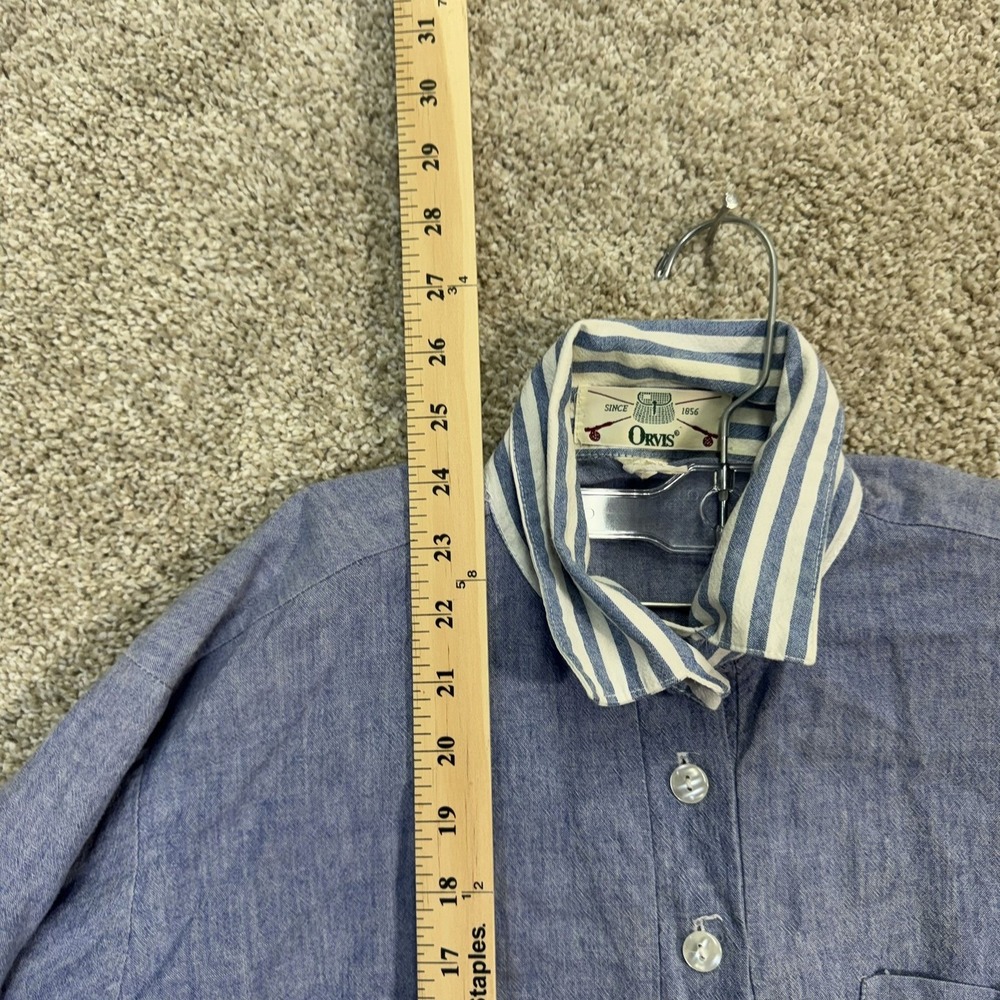 Orvis Men's Size Medium Blue Chambray Pullover Shirt Collared Striped Trim - Picture 6 of 7